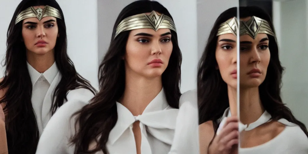 Prompt: ultra wide angle photo of kendall jenner dressed in a white blouse and black dress pants as diana prince looking at herself in a bathroom mirror and seeing her reflection as wonder woman
