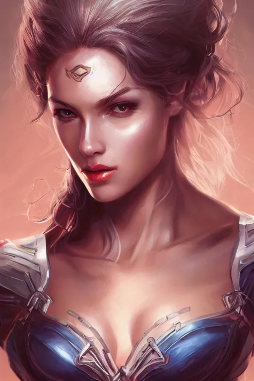 Image similar to three quarters portrait pose of a beautiful woman, strong body,super heroine costume,super powers, fantasy, intricate, elegant, highly detailed, digital painting, artstation, concept art,shining, sharp focus, illustration, art by Stanley Lau