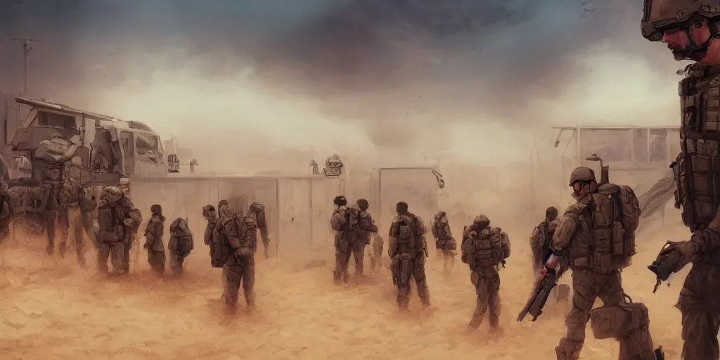 Image similar to private military company operatives standing outside immigration check point with severe sand storm across the sky, cinematic, realistic, detailed, intricate, digital art, ambient lighting, by jordan grimmer, pop art style, 3 5 mm film grain, artstation