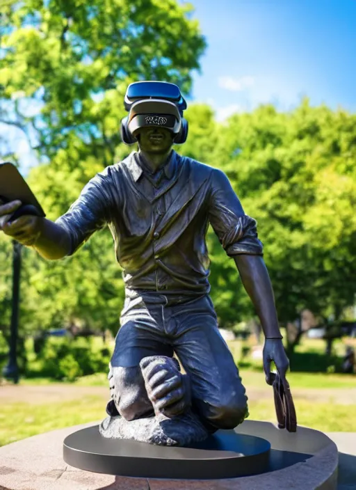 Image similar to photo still of a bronze statue of a man gaming in vr in a park on a bright sunny day, 8 k 8 5 mm f 1 6