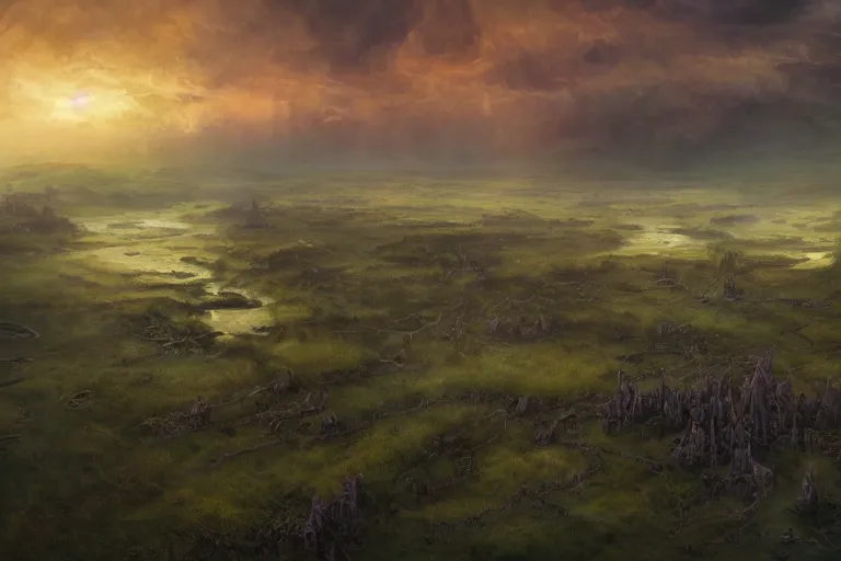 Image similar to aerial view, cinematic fantasy painting, dungeons and dragons, a faerie village, swamp wetland marsh estuary, with sunset lighting ominous shadows by jessica rossier and brian froud cinematic painting