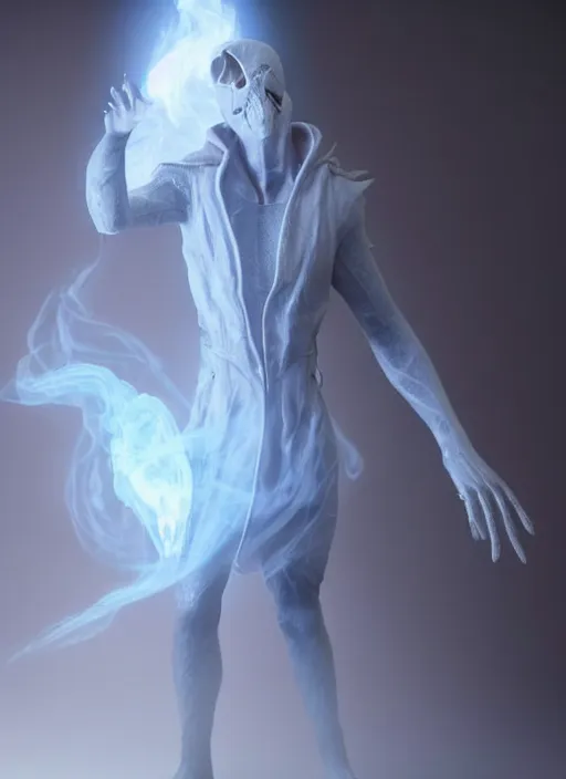 Image similar to slose - up shot, highly detailed stunning image of ghost sorcerer full body!! 3 d octane render, unreal engine, hyper realistic, realistic, soft illumination, surrounded in dask wispy smoke!! trending artstation