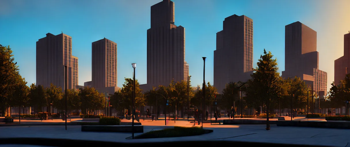 Image similar to modern city center public park, modern landscape architectural design for industrialpunk, gorgeous lighting, golden hour, cyberpunk, 2077, dramatic lighting and composition, octane render, unreal engine 5, 8k