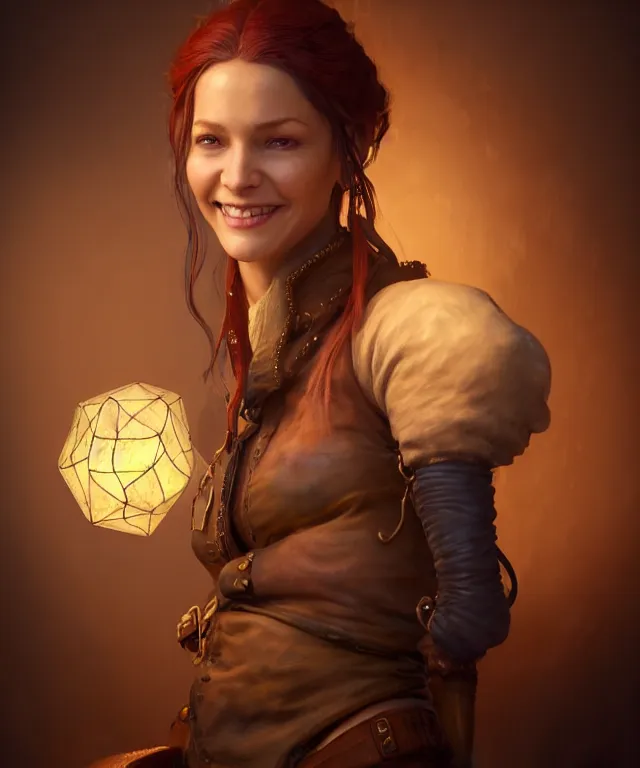 Image similar to hyperrealistic mixed media painting of a beautiful smiling charismatic female rogue, dimly lit cozy tavern, leather tunic, confident relaxed pose, d&d, stunning 3d render inspired art by Gerlad Brom and Anna Dittmann + perfect facial symmetry + dim volumetric lighting, 8k octane beautifully detailed render, post-processing, extremely hyperdetailed, intricate, epic composition, grim yet sparkling atmosphere, cinematic lighting + masterpiece, trending on artstation, very very detailed, masterpiece, stunning