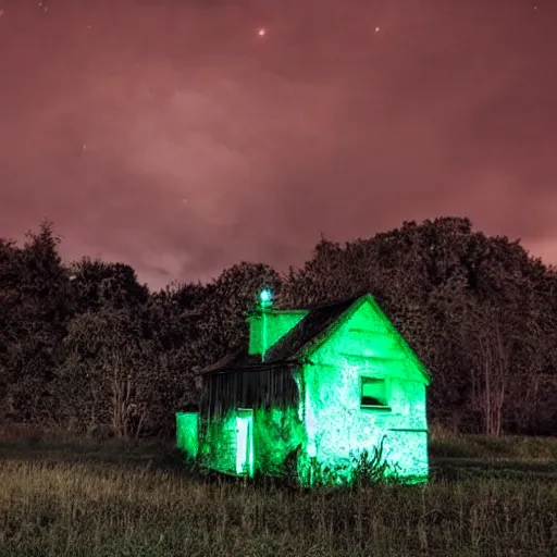 Prompt: abandoned cottage with green light emitting, night, the sky is black, dark, dark