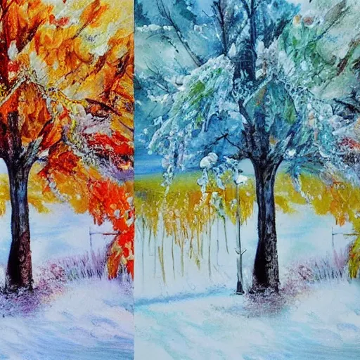 Image similar to painting depicting all four season in one single painting, tree in the summer, tree in the winter, tree in spring, tree in autumn, concept art, artstation, detailed, impressionism, oil on canvas, knife painting, messy,