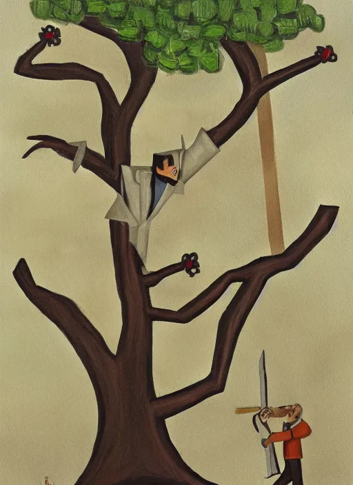 Image similar to painting of a tree person wearing a tuxedo holding two swords in his wooden hands