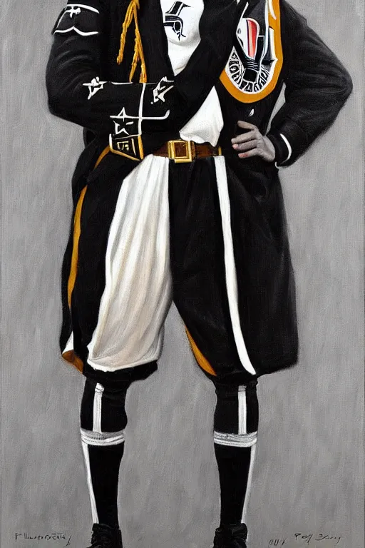 Prompt: full body portrait of the dictator of the san antonio spurs, 1 8 8 9, in full military garb, silver, black, white, greg popovich, oil on canvas by william sidney mount, trending on artstation