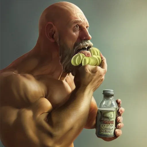 Prompt: Epic portrait, muscular man with basic clothes trying to open a jar of pickles, bald, bearded, scary, digital painting, artstation, concept art, soft light, hdri, smooth, sharp focus, illustration, fantasy, intricate, elegant, highly detailed, D&D, matte painting, in the style of Greg Rutkowski and Alphonse Mucha and artemisia, 8k,