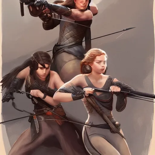 Prompt: Jennifer Lawrence and Elle Fanning as archers by Stanley Artgerm Lau, WLOP, Rossdraws, Frank Frazetta, Andrei Riabovitchev, Marc Simonetti, trending on artstation.