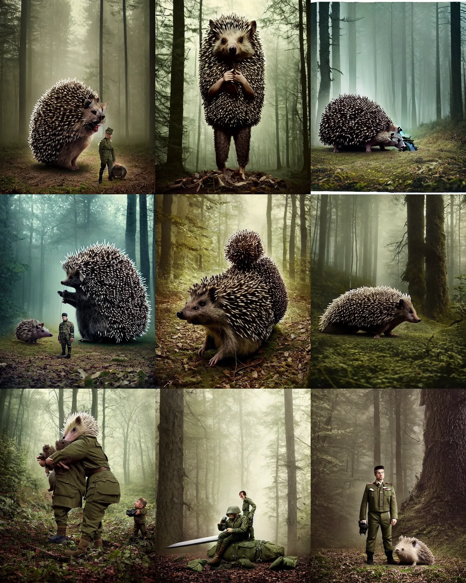 Prompt: giant oversized battle hedgehog with army pilot uniform and hedgehog babies ,in deep forest hungle , full body , Cinematic focus, Polaroid photo, vintage , neutral dull colors, soft lights, foggy mist , by oleg oprisco , by thomas peschak, by discovery channel, by victor enrich , by gregory crewdson