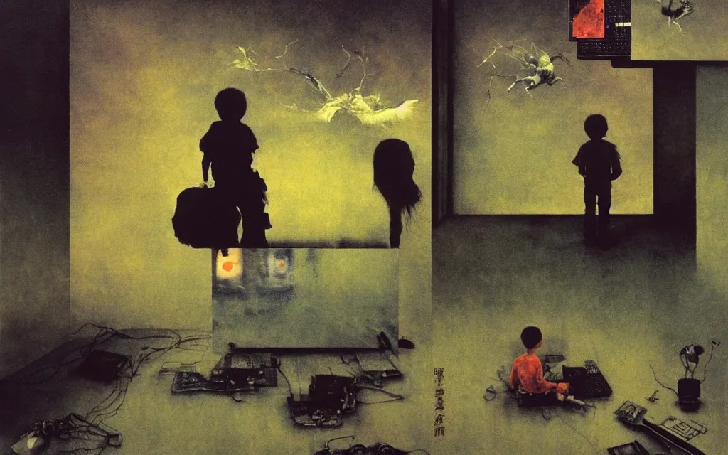 Image similar to early color photo of an boy standing and looking at an old PC computer monitor from 90s in an old soviet apartment and looking at the scared enlightened boy flying up in sky, Beksinski impasto painting, part by Adrian Ghenie and Gerhard Richter. art by Takato Yamamoto, masterpiece