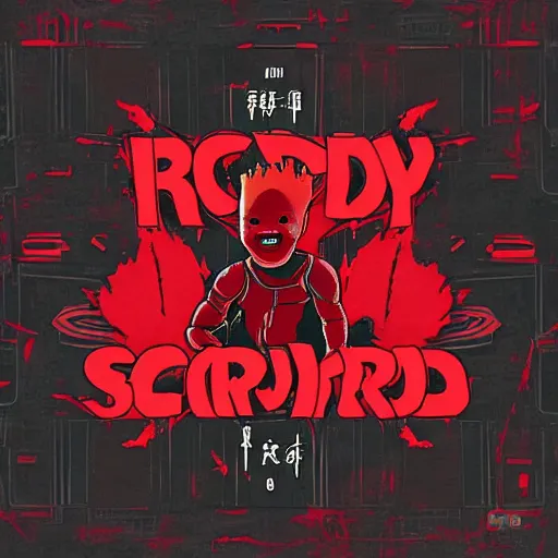 Image similar to baby groot and random japanese words with red and black colors as scarlxrd album cover