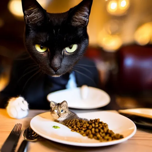 Image similar to A photo of a cat wearing a suit sitting in a fancy and expensive gourmet restaurant and eating a plate of cat food. f/2.8, dim lighting, award winning photo