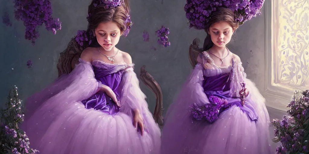 Image similar to portrait of little princess sophia is dressed in purple. her face is so beautiful, elegant and detailed. there are beautiful vases beside them, by greg rutkowski, by greg tocchini, by james gilleard, by joe gb fenton, by in kaethe butche