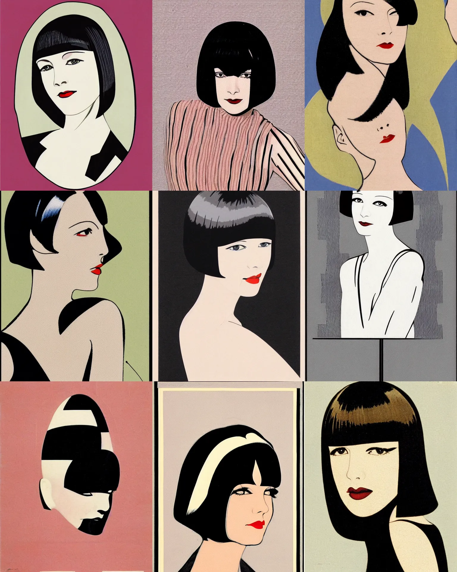 Prompt: mary louise brooks 2 5 years old, bob haircut, portrait by patrick nagel, 1 9 2 0 s, straight lines, art deco stripe pattern, right angles