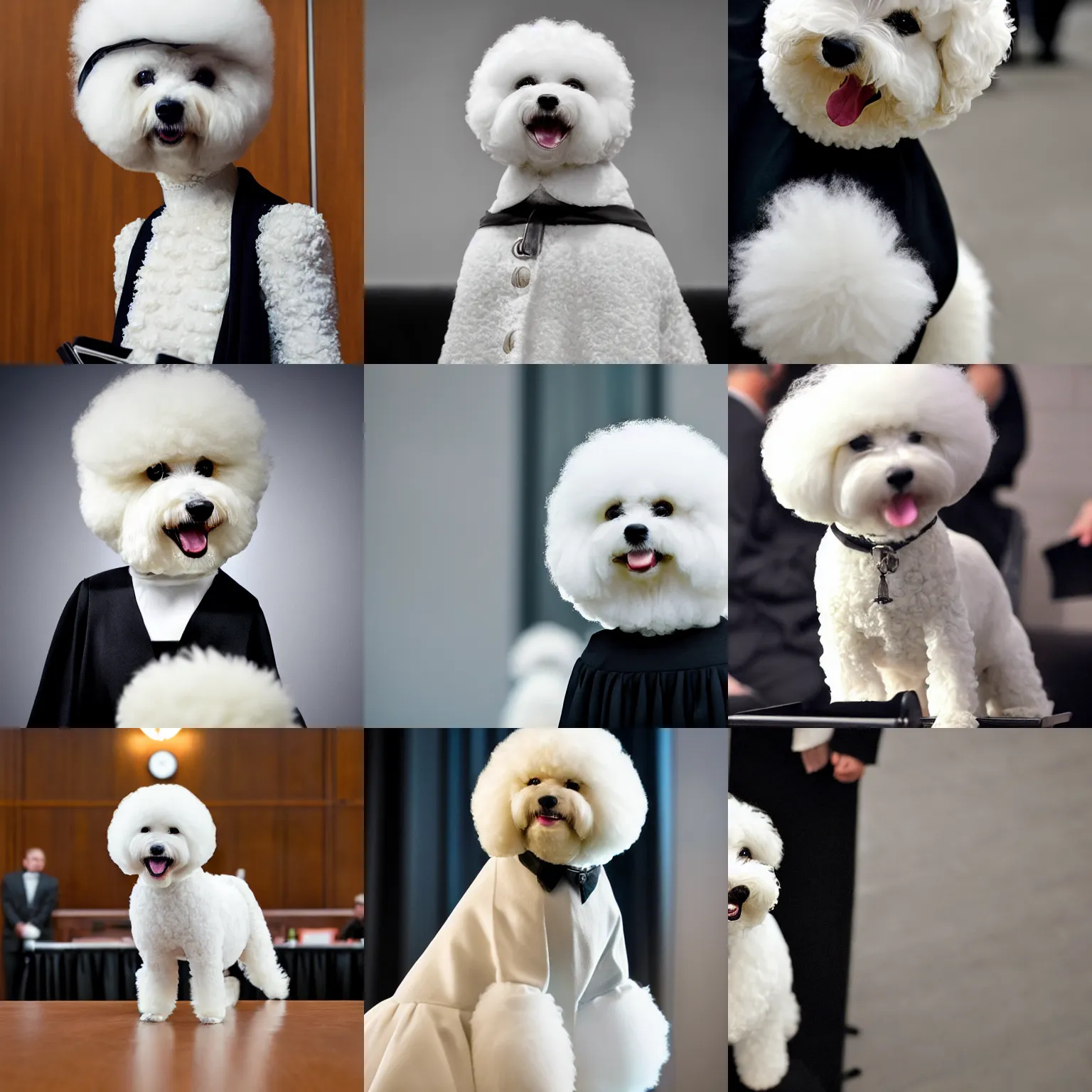 Prompt: a closeup photorealistic photograph of a cute smiling white bichon frise judge wearing a black gown and addressing a courthouse. this 4 k hd image is trending on artstation, featured on behance, well - rendered, extra crisp, features intricate detail, epic composition and the style of unreal engine.