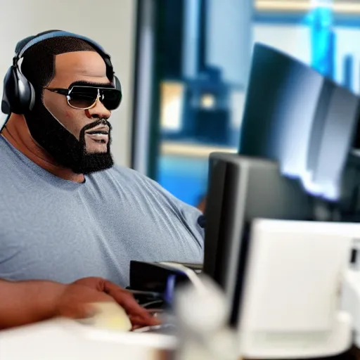 Image similar to obese r kelly sitting behind computer wearing headset