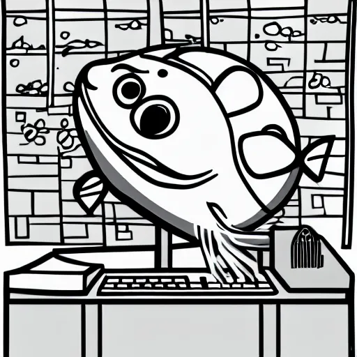 Prompt: worried humanoid fish sitting in front of a computer, black and white vector art