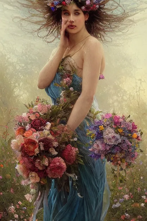 Image similar to portrait of a beautiful mysterious woman holding a bouquet of flowing flowers, wet dripping long hair, hands hidden under the bouquet, emerging from the water, fantasy, regal, intricate, by stanley artgerm lau, greg rutkowski, thomas kindkade, alphonse mucha, loish, norman rockwell