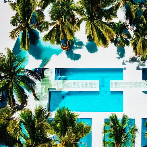 Image similar to aerial view of an elegant swimming pool, palm trees, kodak portra 4 0 0, vaporwave colors, faded effect, 9 0 s vibe, tropical vibe,