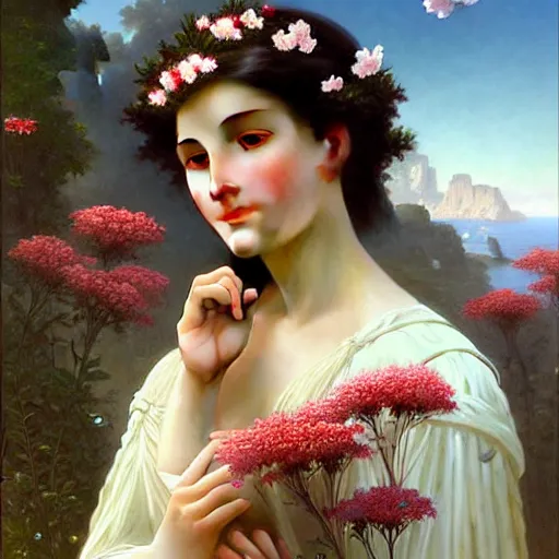 Image similar to a photograph of the most beautiful woman that has ever existed, surrounded by unique natural sightseeing accompanied by the most delicate flowers., highly detailed, digital painting, artstation, concept art, smooth, sharp focus, illustration, art by artgerm and greg rutkowski and alphonse mucha and william - adolphe bouguereau