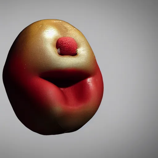 Image similar to a 3 d render of a potato with lucious red lips opening its mouth and sticking out its tongue ue 4 photorealism artstation