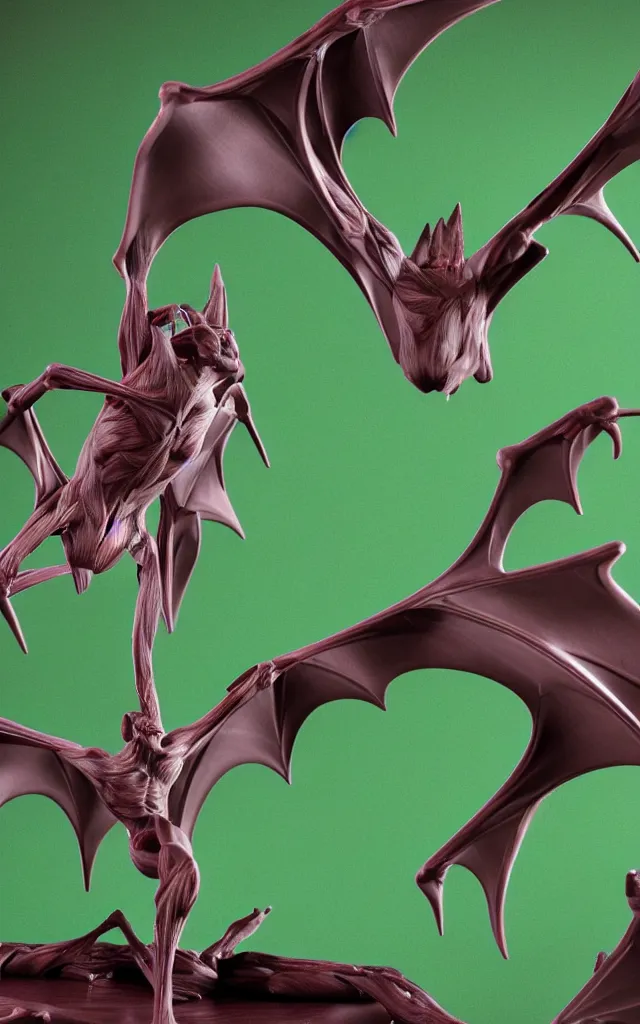 Image similar to intricated scientific medical 3d animation of the muscles and veins of a bat with a heart in their hands photography 3d octane plastic render green chroma key