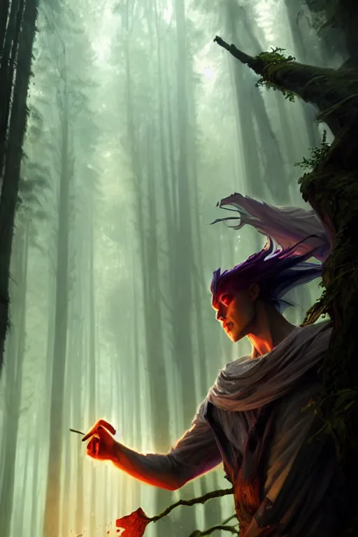 Prompt: a human elemental sorcerer, forest setting, colorful magic, male, white skin, young, sharp focus, concept art, dynamic lighting, unreal engine, by greg rutkowski 0. 5 | emylie boivin 1. 0 | kyle herring 2. 0