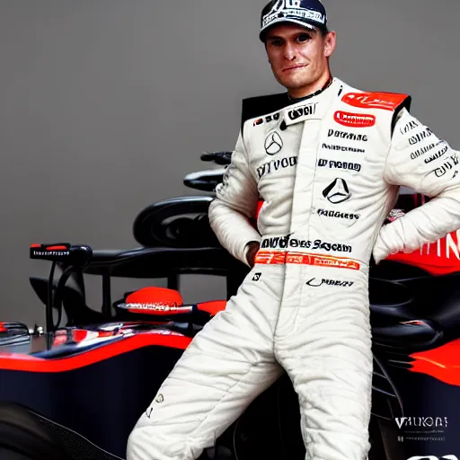 Prompt: a portrait of a mercedes f 1 driver in a white overall with the face of max verstappen, peofessional portrait photography, ambient light