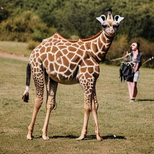 Image similar to a Giraffe-Pug Hybrid, A Giraffe that looks like a pug, huge tusks, afternoon hangout, good times photograph, candid