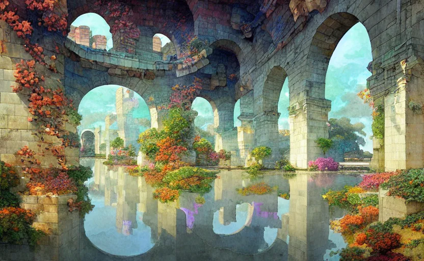 Image similar to tiled room squared waterway, aqueducts, fantasy. intricate, amazing composition, colorful watercolor, by ruan jia, by maxfield parrish, by marc simonetti, by hikari shimoda, by robert hubert, by zhang kechun, illustration, gloomy