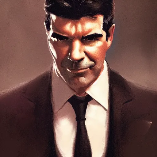 Prompt: a portrait of simon cowell frowning in disgust, 1 9 2 0 s, femme fatale, gorgeous view, night, film noir, eerie, high detail, depth, masterpiece by greg rutkowski, digital art, trending on artstation