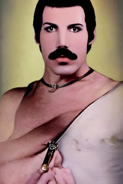 Image similar to freddy mercury and polly shore had a baby. photo realistc