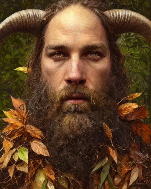 Image similar to forest druid with ram horns and leaves in his beard | highly detailed | very intricate | symmetrical | cinematic lighting | award - winning | closeup portrait | painted by donato giancola and mandy jurgens and charlie bowater | featured on artstation