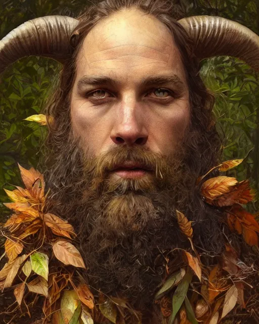 Prompt: forest druid with ram horns and leaves in his beard | highly detailed | very intricate | symmetrical | cinematic lighting | award - winning | closeup portrait | painted by donato giancola and mandy jurgens and charlie bowater | featured on artstation