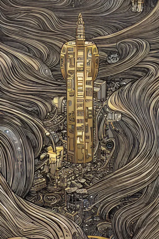 Prompt: gold and silver tones, cybernetic village on the outskirts of the universe, style of moebius, james jean, mcbess, cinematic, low detail, award winning, 8 k photorealistic