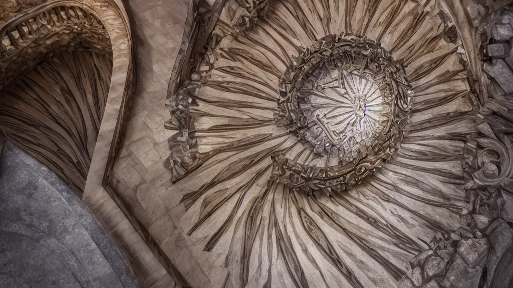 Image similar to a beautiful spiral starcaise design by antoni gaudi, granite structure, lapis lazuli marble steps, and sequoia wood details, professional photography, architectural photography, cinematic photography, unreal engine render, highly detailed, 4 k.