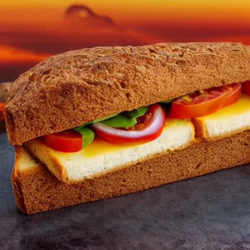 Prompt: sandwich bread with fried tofu, also tomato, onion, avocado and cheddar, over a dish and over a table, sunset background with saturn in the sky, studio photo, amazing light
