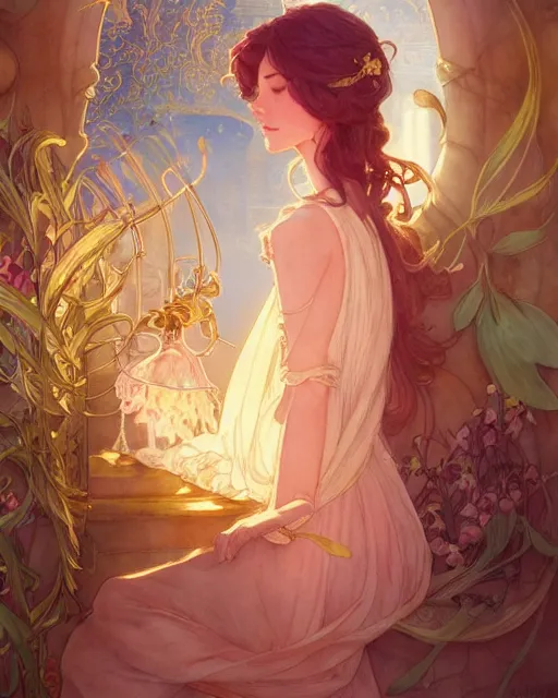 Image similar to secret romance, highly detailed,, gold filigree, romantic storybook fantasy, soft cinematic lighting, award, disney concept art watercolor illustration by mandy jurgens and alphonse mucha and alena aenami, pastel color palette, featured on artstation