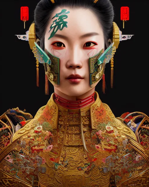 Image similar to portrait of a chinese cyberpunk machine, machine face, upper half portrait, decorated with chinese opera motifs, regal, asian, fine china, wuxia, traditional chinese art intricate intense elegant 京 剧 highly detailed digital painting artstation concept art smooth sharp focus illustration, art by artgerm and greg rutkowski alphonse mucha 8 k