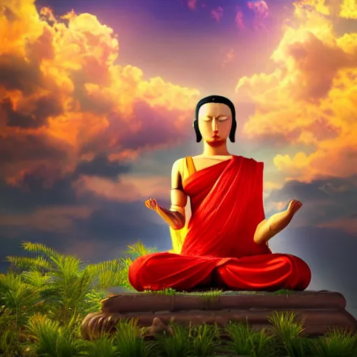 Image similar to a beautiful lady monk is meditating and hoping for a better future. close - up, beautiful sky, volumetric lighting, sharp focus, ultra detailed, cgsociety - w 1 0 2 4 - n 8 - i