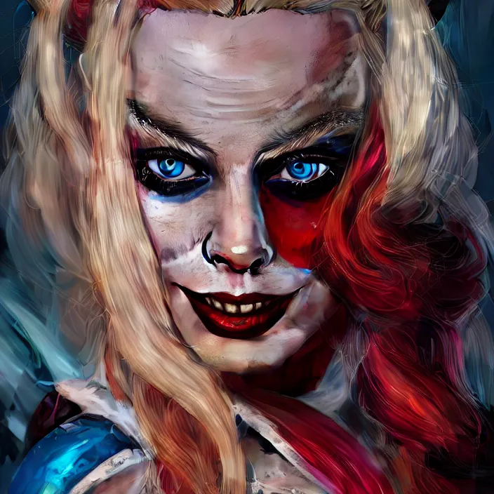 Image similar to portrait of Margot Robbie as a harley quinn. intricate abstract. intricate artwork. by Tooth Wu, wlop, beeple, dan mumford. octane render, trending on artstation, greg rutkowski very coherent symmetrical artwork. cinematic, hyper realism, high detail, octane render, 8k, iridescent accents