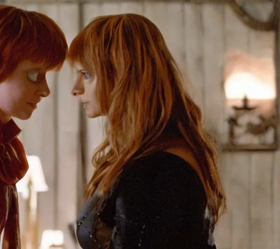 Image similar to a movie still of sarah gellar as xena speaking to ron weasley in the movie harry potter