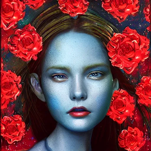 Image similar to 3 d, sci - fi, close - up, morning, smiling fashion model face, sun, cinematic, clouds, sun rays, vogue cover style, poster art, blue mood, realistic painting, intricate oil painting, high detail illustration, small red roses, figurative art, multiple exposure, poster art, by tooth wu and wlop and beeple and greg rutkowski