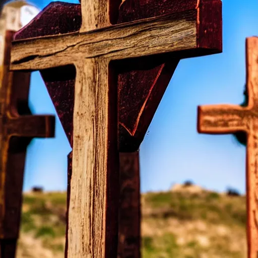 Image similar to beautiful photograph three 1st century empty wooden crosses on calvary hill, close up, dslr photo