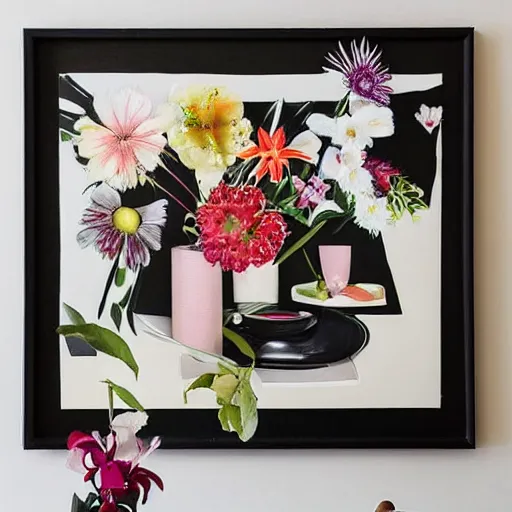 Image similar to “art in an Australian artist’s apartment, portrait of a woman wearing black silk cloth, eating luscious fresh raspberries and strawberries and blueberries, white wax, edible flowers, Japanese pottery, Australian native flannel flowers ikebana, black walls, acrylic and spray paint and oilstick on canvas”