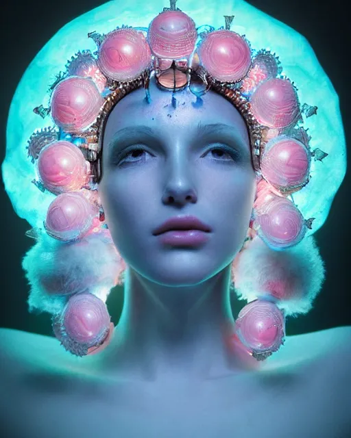 Prompt: natural light, soft focus portrait of an android with soft synthetic pink skin, blue bioluminescent plastics, smooth shiny metal, elaborate ornate head piece, piercings, skin textures, by annie liebovotz, paul lehr