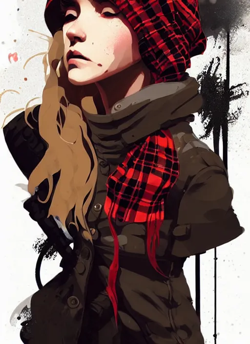 Prompt: highly detailed portrait of a sewer punk lady student, beanie, tartan scarf, wavy blonde hair by atey ghailan, by greg rutkowski, by greg tocchini, by james gilleard, by joe fenton, by kaethe butcher, gradient red, black, brown and cream color scheme, grunge aesthetic!!! graffiti tag wall background