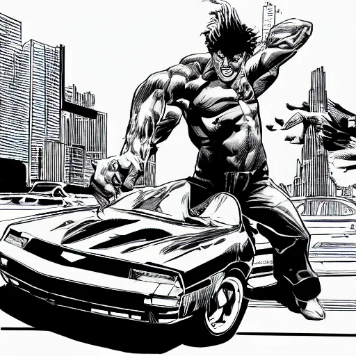 Prompt: utopic drive in the style of art mike deodato